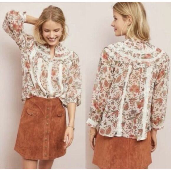 Feather Bone Anthropologie Sheer Boho Peasant Top Orange Olive Green Fall Sz 12 - Picture 2 of 11